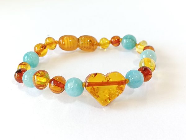 Pulsera Bebé Ámbar y Amazonita con Dije de Corazón